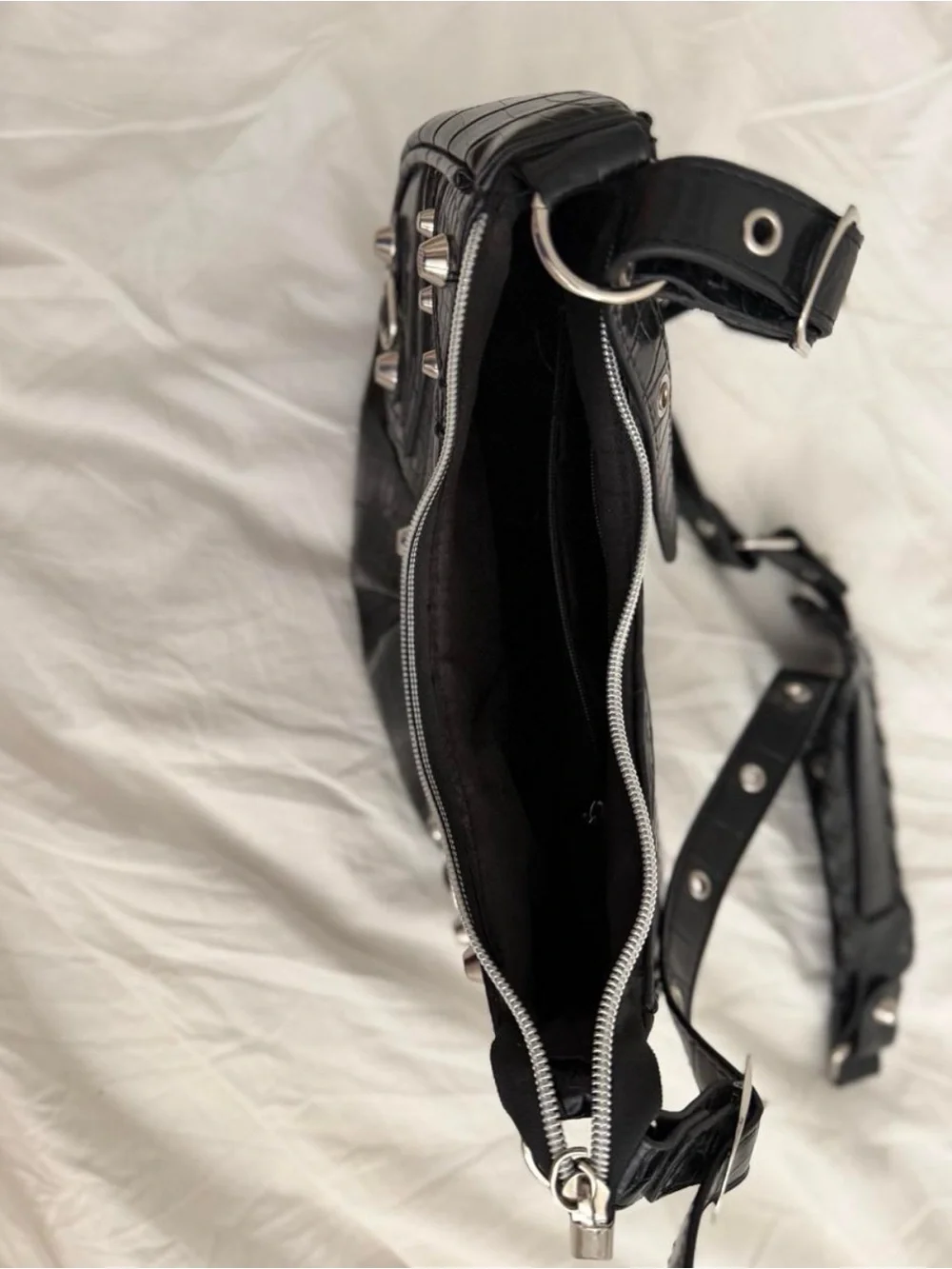 Black Croc-Embossed Crescent Shoulder Bag with Silver Hardware